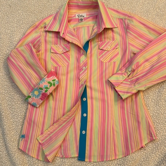 Sale LILY PULITZER WHITE LABEL PINK MULTI COLOR BUTTON DOWN LIKE NEW - Picture 1 of 14